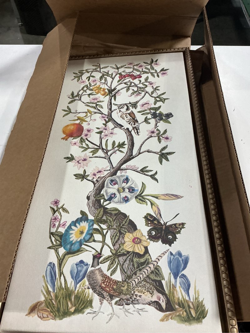 Condition photo showing New/Like New for amanti art framed canvas wall art 27x14 chinoiserie natura no. 1 by naomi mccavitt, framed wall art canvas, nature artwork, traditional decor, medium poster for living room, bedroom, kitchen, office sylvie beaded dark gold 27"l x 14"w