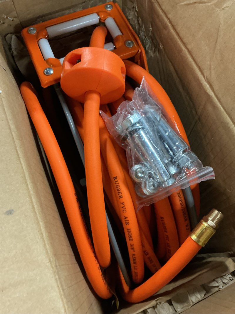 Condition photo showing New/Like New for vevor retractable air hose reel, 3/8 inch x 50 ft hybrid air hose max 300psi, auto rewind air-compressor hoses reel with 5 ft lead in, 180° swivel ceiling/wall mount for garage workshops gray