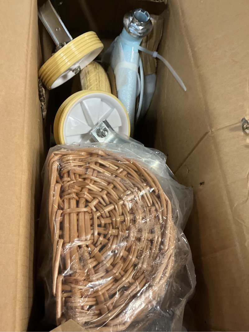 Condition photo showing New/Like New for petimini vintage kids bike for girls, 12–20 inch classic bicycle with wicker basket & bell, high tensile steel frame, training wheels (12–18”), 85% pre-assembled, retro bike for outdoor riding blue 18 inch with training wheels & kickstand