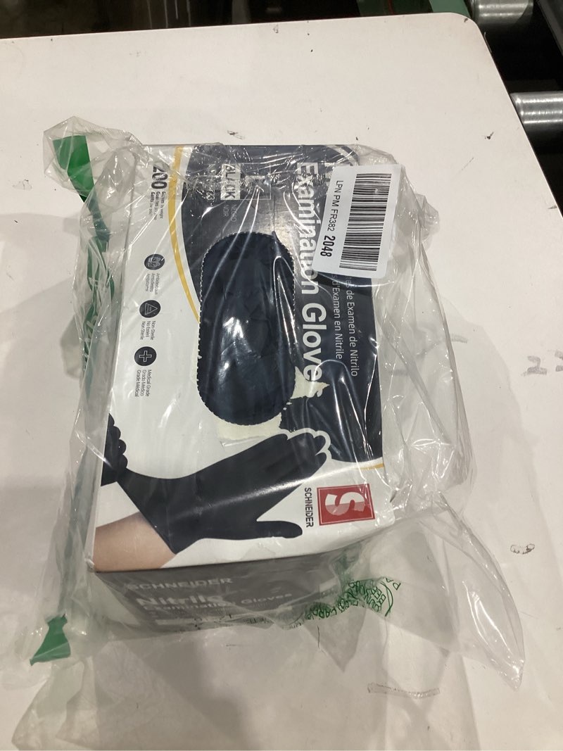 Condition photo showing As Is for schneider nitrile exam gloves, 4 mil black gloves disposable latex free powder free, food safe for cooking, food prep, clean large 200 count(box of 200)
