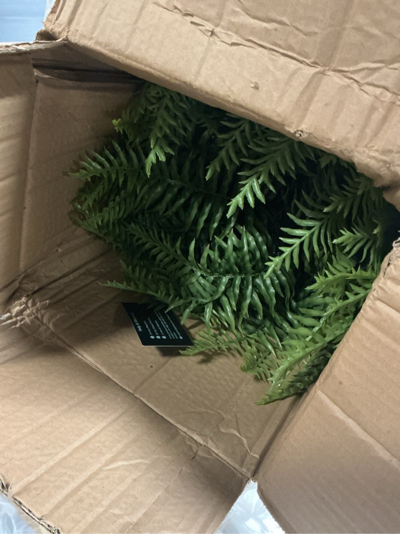 Condition photo showing As Is for 2 set fake ferns with hanging baskets, artificial boston ferns for outdoors, realistic fake hanging ferns plants outdoor artificial plants for front porch home décor, no assembly green x 2