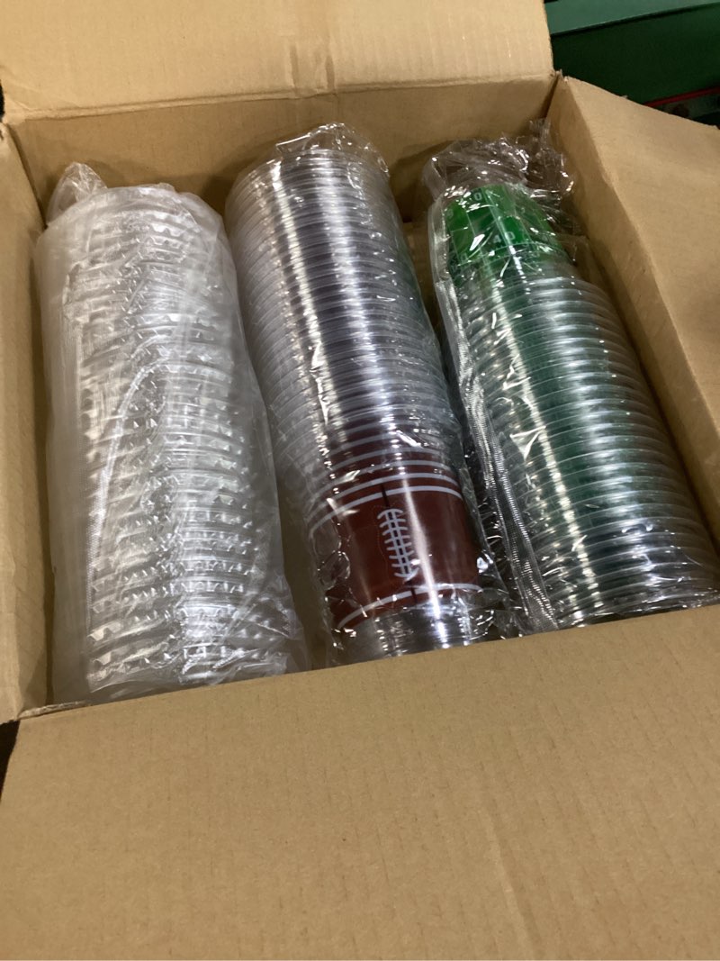 Condition photo showing Good Condition for TURNMEON 50 Pcs 16 Oz Football Party Supplies Cups with Lids, Thickened Football Plastic Cup 2 Designs Disposable Spill-Proof Drinking Cups Sports Tailgate Events Party Favors Decorations