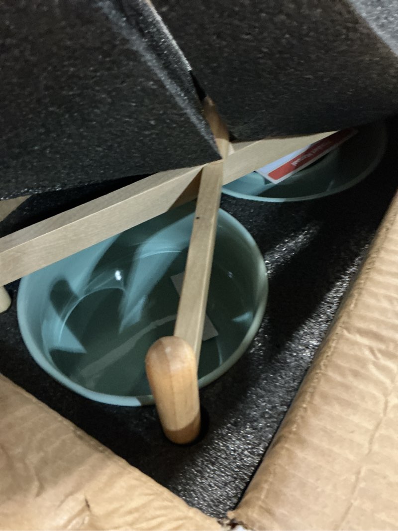 Condition photo showing New/Like New for havniva ceramic 1.2 cup raised slow feeder dog bowl set, elevated 6.1inch bowl and 7.3inch puzzle slow food dish with wooden stand for medium and small dog, anti-gulping (2 x light green+ stand) 7.3inch 2 x light green+stand-a