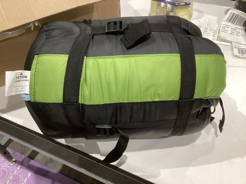 Condition photo showing Good Condition for teton leef lightweight mummy sleeping bag for camping, hiking, backpacking; cold weather option, compression sack included 0f regular moss/sky