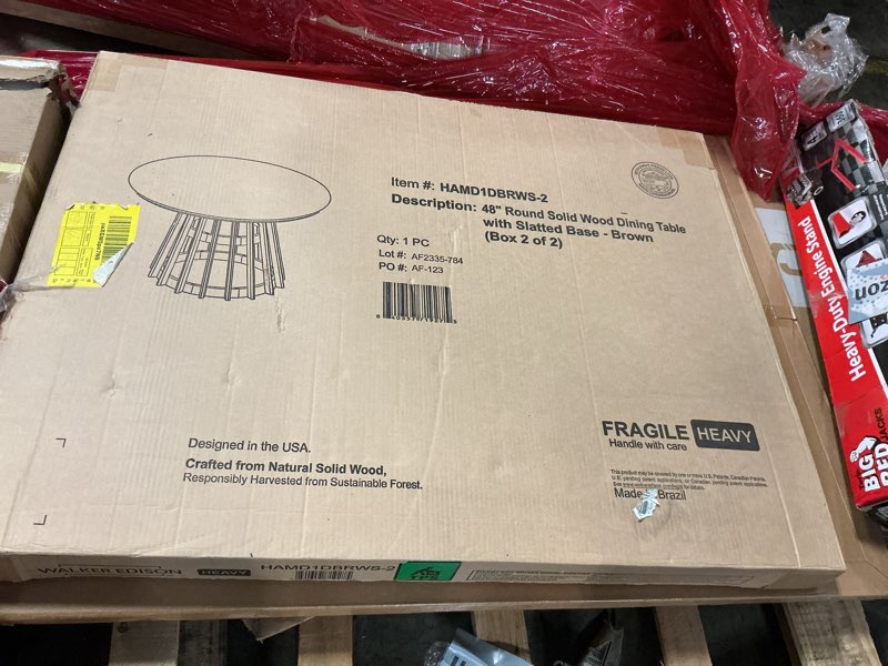 Condition photo showing New/Like New for ( ox 2 of 2)48” round solid wood dining table with slatted base-brown