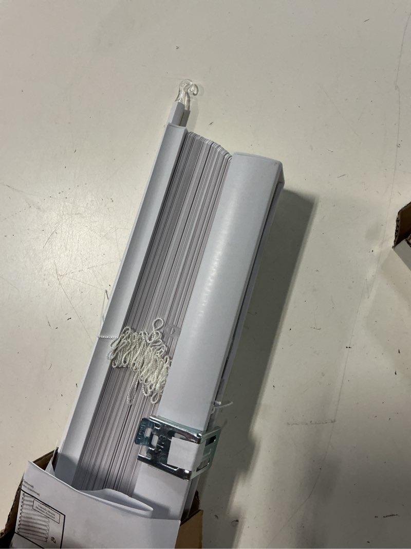 Condition photo showing Good Condition for lotus & windoware cordless mini blind, 1" vinyl slats, 25" wide x 72" long - white, window blinds for home and office, interior door blinds - light filtering 25"w x 72"h white