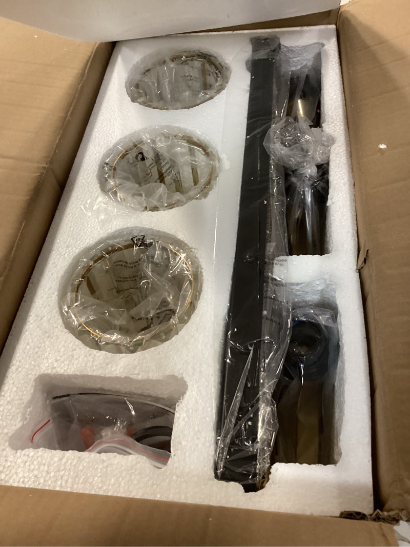 Condition photo showing Good Condition for Modern Crystal Bathroom Vanity Lights, 3-Lights Black Gold Bathroom Light Fixtures Over Mirror, Crystal Vanity Light with Polished Gold Finish(Exclude Bulb) Black Gold-Round Shade 3-Light