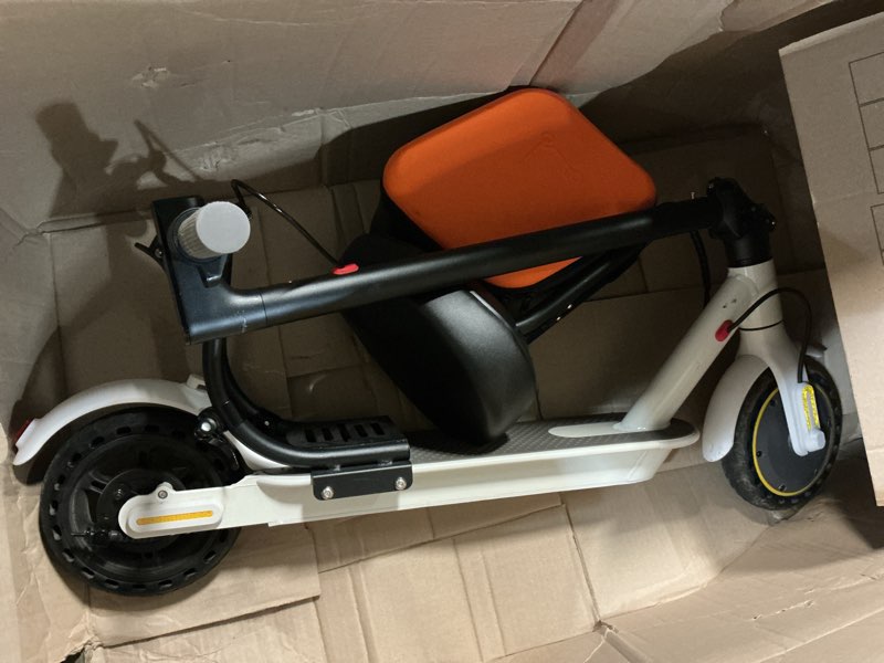 Condition photo showing As Is for electric scooter adults foldable with seated bag 8.5" solid tire 19mph 350w motor 22miles range 265lbs load app control for travel commuting&campus