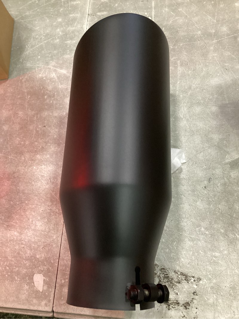 Condition photo showing As Is for lcgp bolt on diesel exhaust tip 4", 6" outlet 15" long truck tip, rolled angle cut, black powder coated painted black 4“x6"x15"