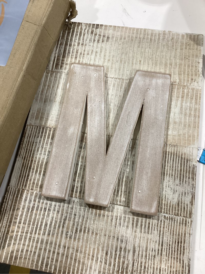 Condition photo showing As Is for stiles letter tiles, wall decor, wooden crossword letters for living room, dining room, kitchen, or bedroom, family signs for home 3.5 inch, letter m natural letter m