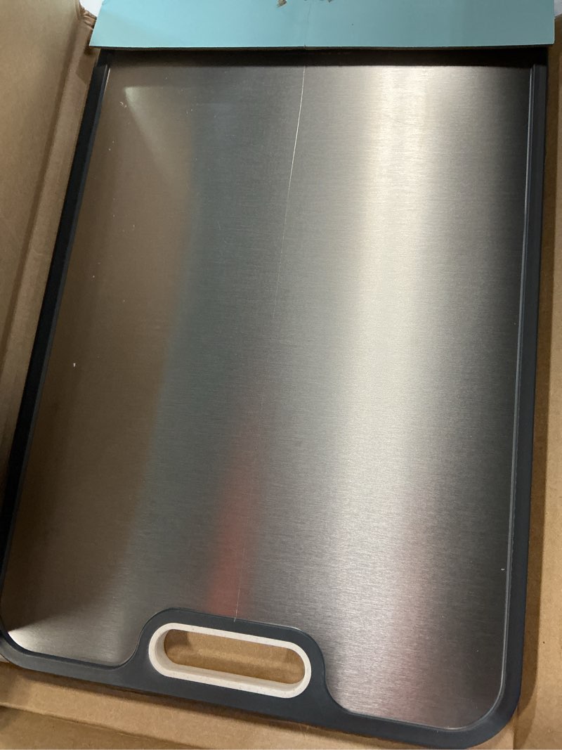 Condition photo showing As Is for titanium cutting board for kitchen, double sided chopping board, 99.9% pure titanium & pp, non-porous, odor resistant, safe for raw & cooked food, easy to clean, large 15”×10.3” silver set of 1 (16" x 11")