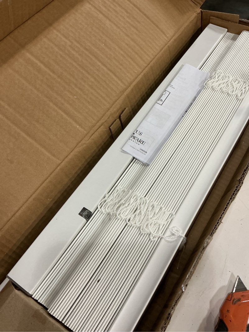Condition photo showing Good Condition for lotus & windoware cordless, 2 inch faux wood blind, 23" wide x 60" long, window blinds, blinds & shades, blinds for indoor windows, embossed, bright white