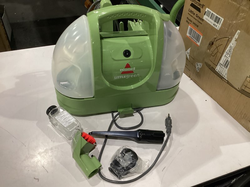 Condition photo showing As Is for **not tested**  bissell little green multi-purpose portable carpet and upholstery cleaner, car and auto detailer, with exclusive specialty tools, green, 1400b