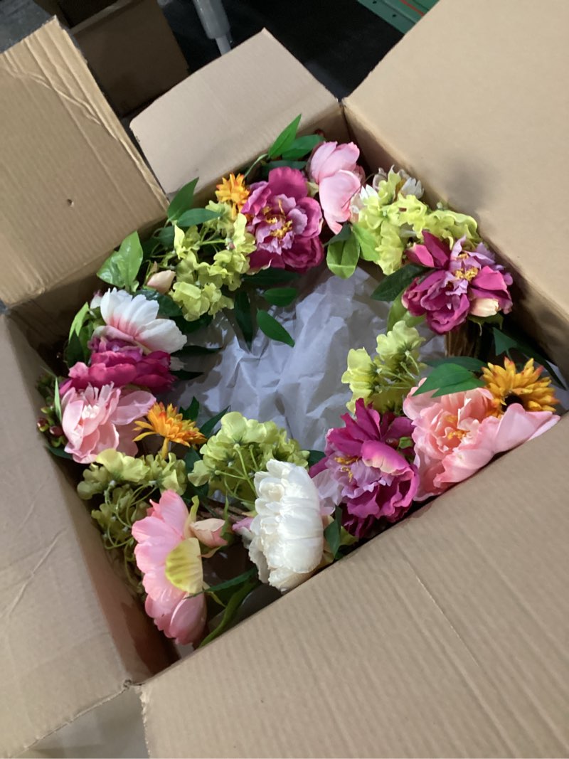 Condition photo showing New/Like New for 24in peony wreaths for front door, large spring summer floral door wreath with hydrangea, all year round colorful flower wreath for farmhouse wall welcome indoor outdoor decor (twig base) pink & purple &yellow