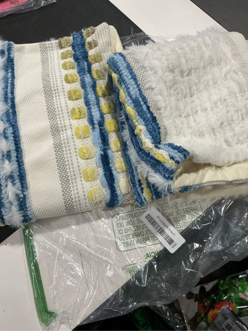 Condition photo showing Good Condition for aeckself boho chenille tufted throw pillow covers 18x18 inch set of 2, farmhouse decorative striped square pillow covers accent neutral pillowcase for living room couch bed, blue blue white 18" x 18" (pack of 2)