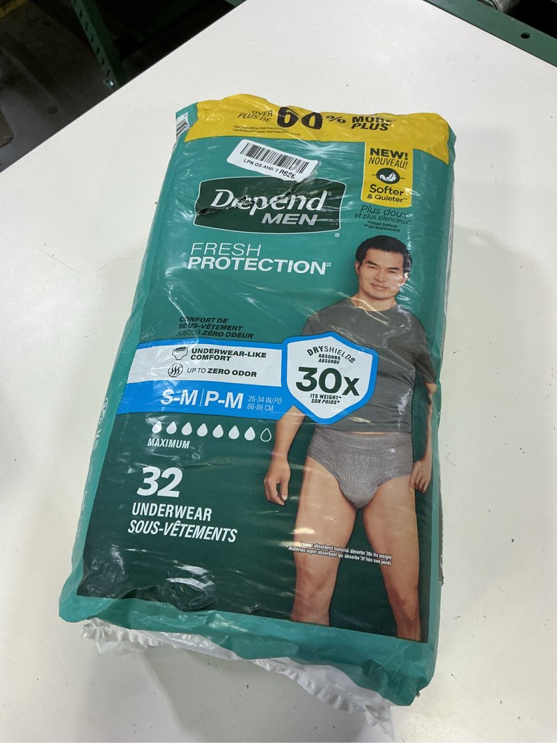 Condition photo showing New/Like New for depend fresh protection adult diapers, incontinence underwear for men, disposable, maximum, small/medium, grey, 32 count, packaging may vary small/medium 32