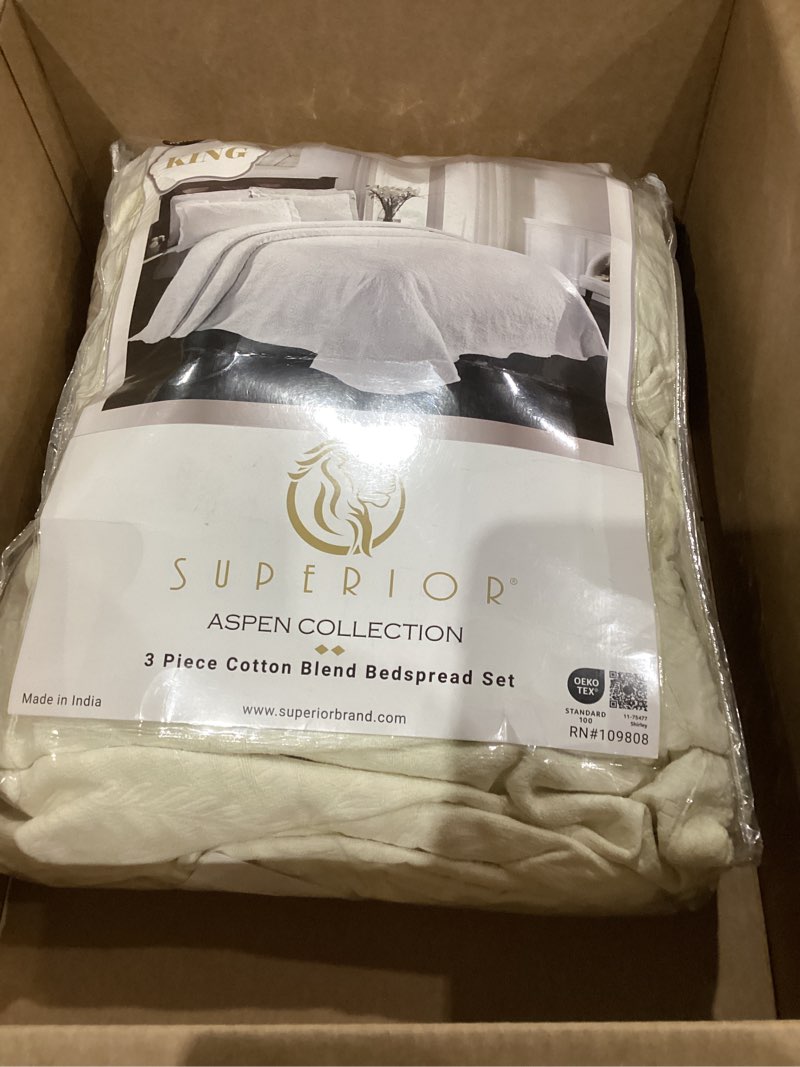 Condition photo showing As Is for Superior Aspen Cotton Blend 3 Piece Bedspread Set, Oversized Bedspread, 2 Pillow Shams, Medium Weight Blanket, Home Bed Decor, Floral Scalloped, Matelasse Coverlet, Bedding Essential, King, Ivory King Ivory