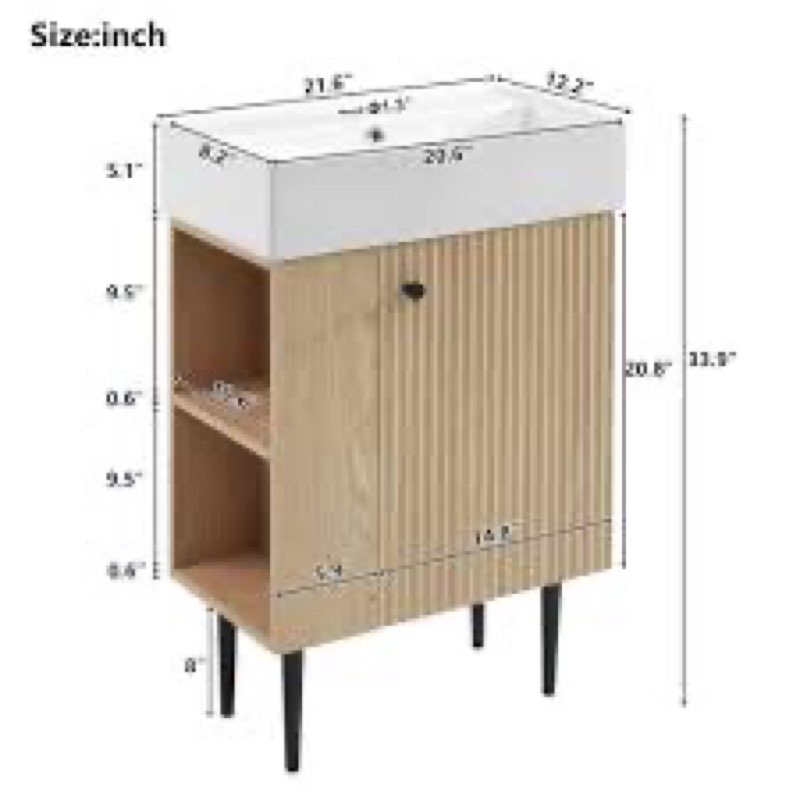21.6" Small Bathroom Vanity with Sink, Narrow Bathroom Vanity with One Door & Left Side Shelf, Solid Wood Freestanding Bathroom Cabinet