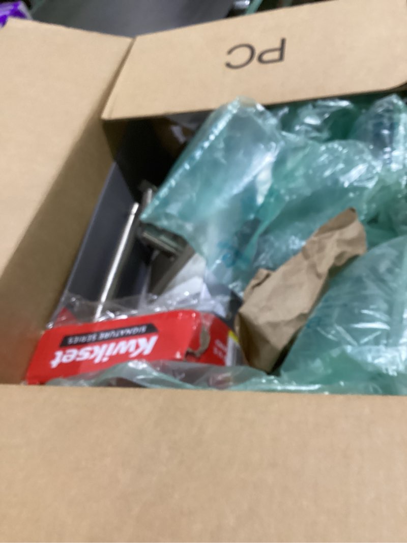 Condition photo showing As Is for Kwikset Prava Front Door Lock Handle and Deadbolt Set, Entry Handleset Exterior with Interior Reversible Lever, Satin Nickel, Pick Resistant SmartKey Rekey Deadbolt Security, with Microban Protection