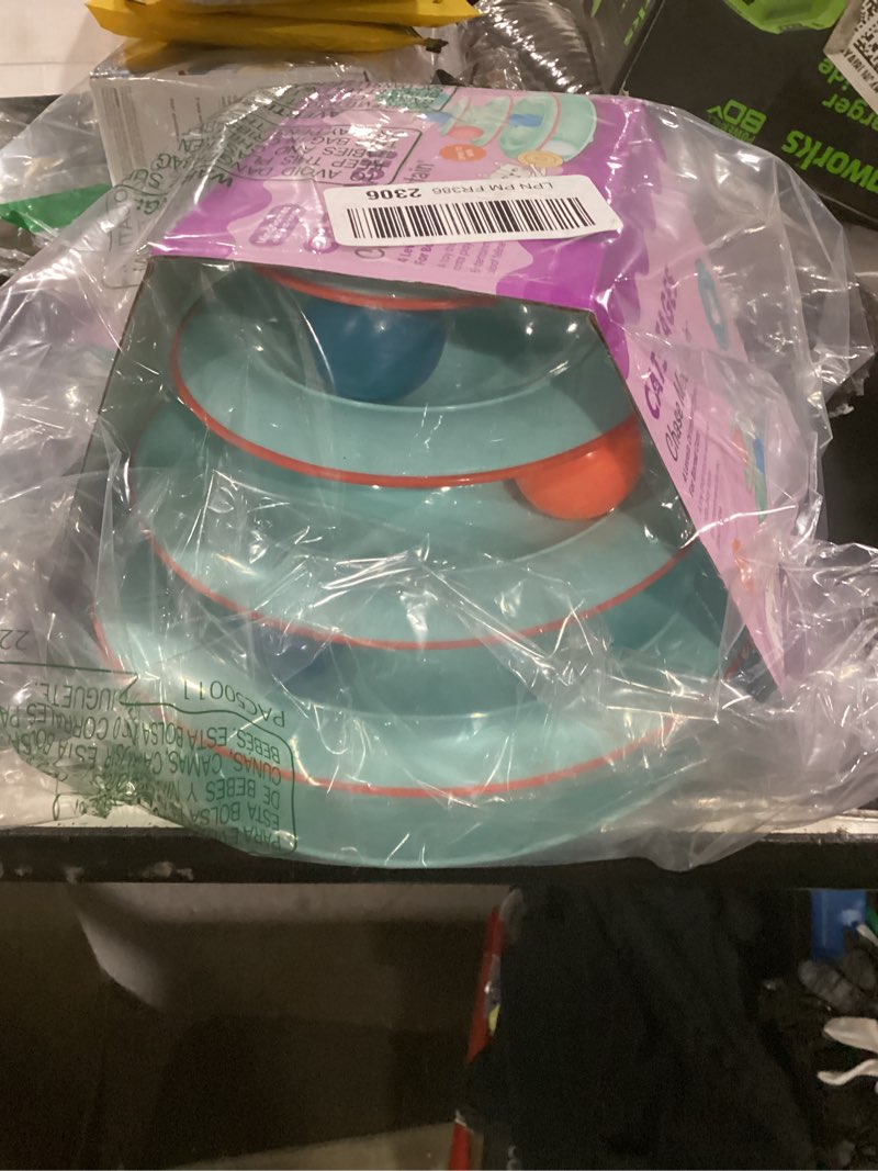 Condition photo showing New/Like New for catstages chase meowtain 4-tier interactive cat track toy – 4 spinning balls, non-slip base, ideal for indoor cats, blue chase meowtain track tower