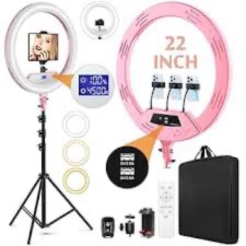 22" foldable ring light with stand for iphone ipad, 75" tripod with wheels 50w 6500k led display/2 u