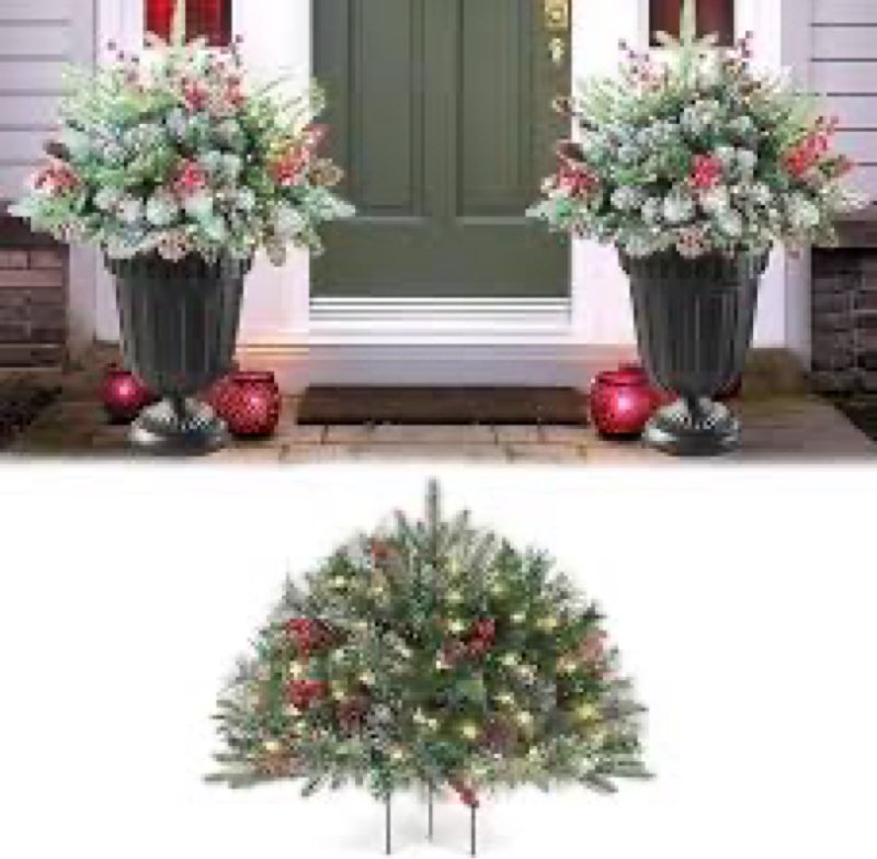 QULUXAO Set of 2 Christmas Planter/Urn Fillers Outdoor Front Porch, Artificial Prelit Christmas Tree
