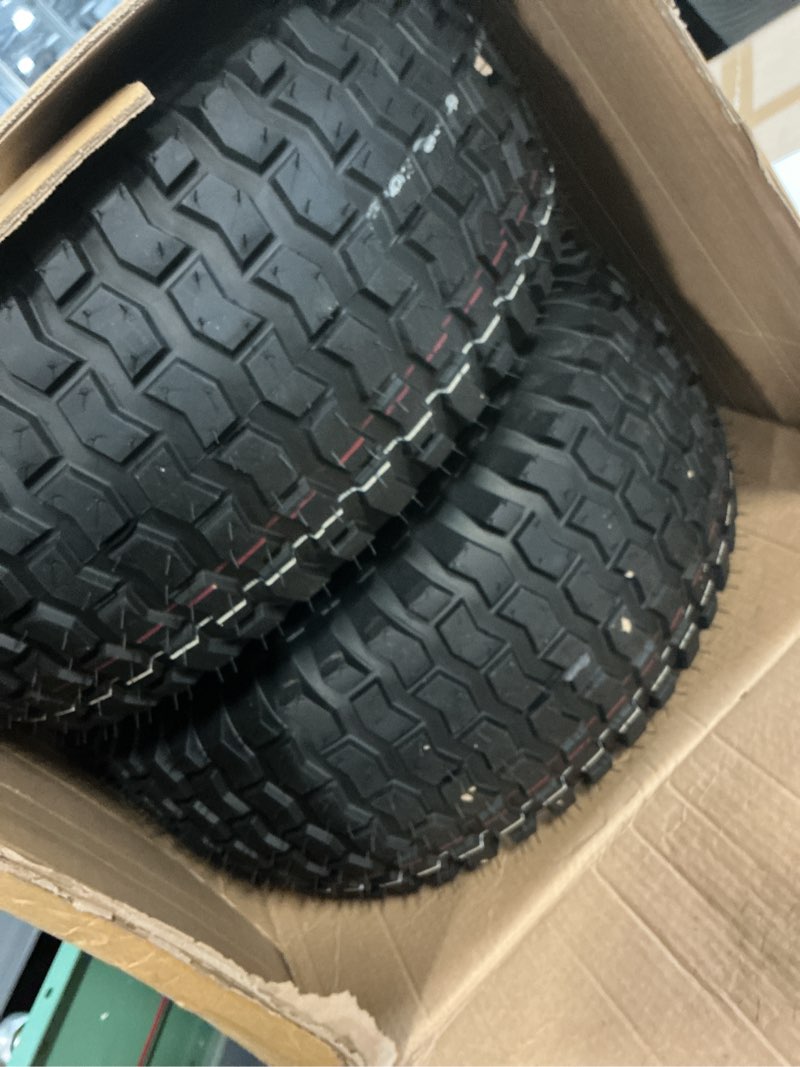 Condition photo showing Good Condition for (2-pack) 20x8.00-8 rear tire and wheel assemblies - 4 ply tubeless tire compatible replacement for riding lawn mowers - 3/4" borehole, 3.5" offset hub and 3/16" keyway 20 x 8.00-8" tubeless (offset hub) yellow