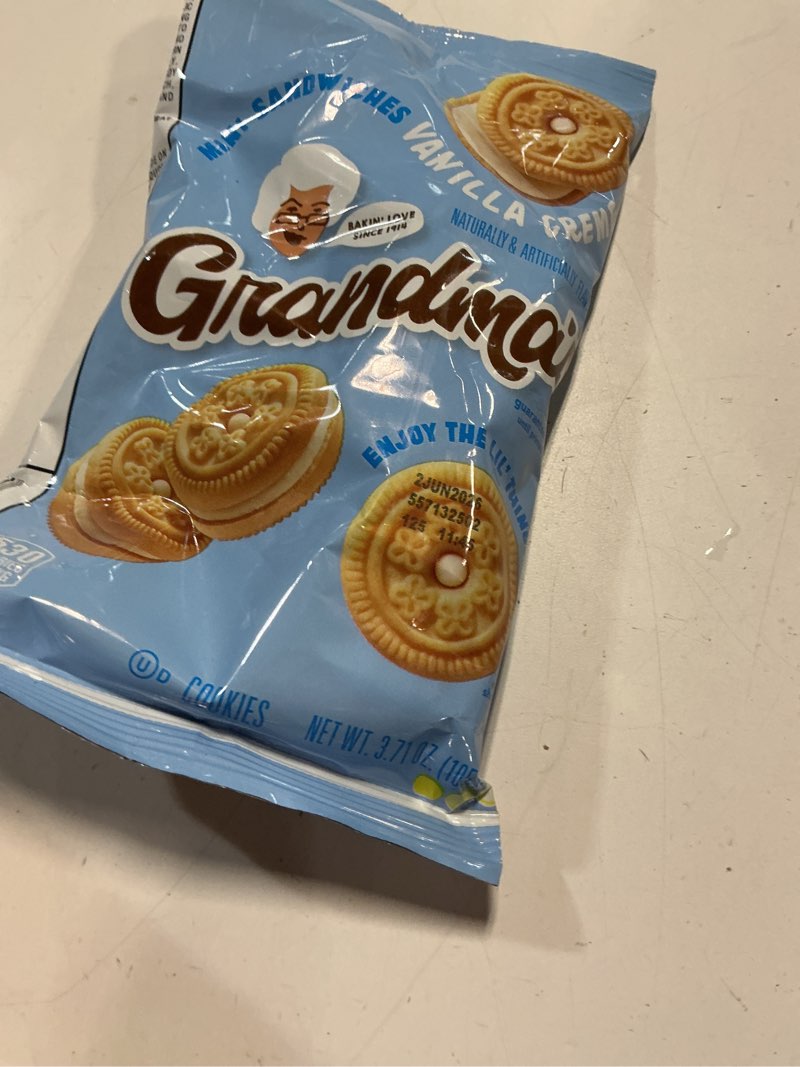Condition photo showing New/Like New for used by:02/jun/2026)grandma’s mini cookies, vanilla sandwich crème cookies, 3.71 oz cookie bag, (24 pack) (packaging may vary) mini vanilla crèmes 24 count (pack of 1)