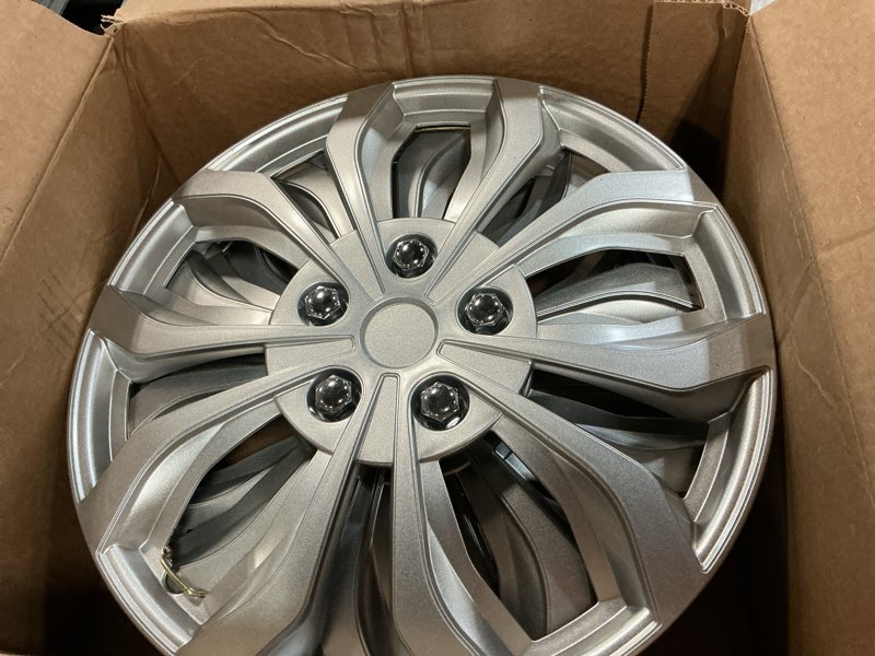 Condition photo showing As Is for universal hubcaps for steel wheels, snap-on wheel covers with adjustable steel retaining ring, durable abs, patent design (silver, 15-inch) silver 15-inch