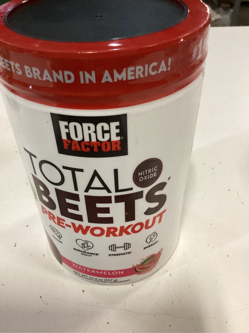 Condition photo showing New/Like New for bbd: 09/2026 force factor total beets pre-workout powder to boost energy & endurance, increase strength, and improve blood flow and pumps, nitric oxide supplement with beet root powder, fruit punch, 30 servings