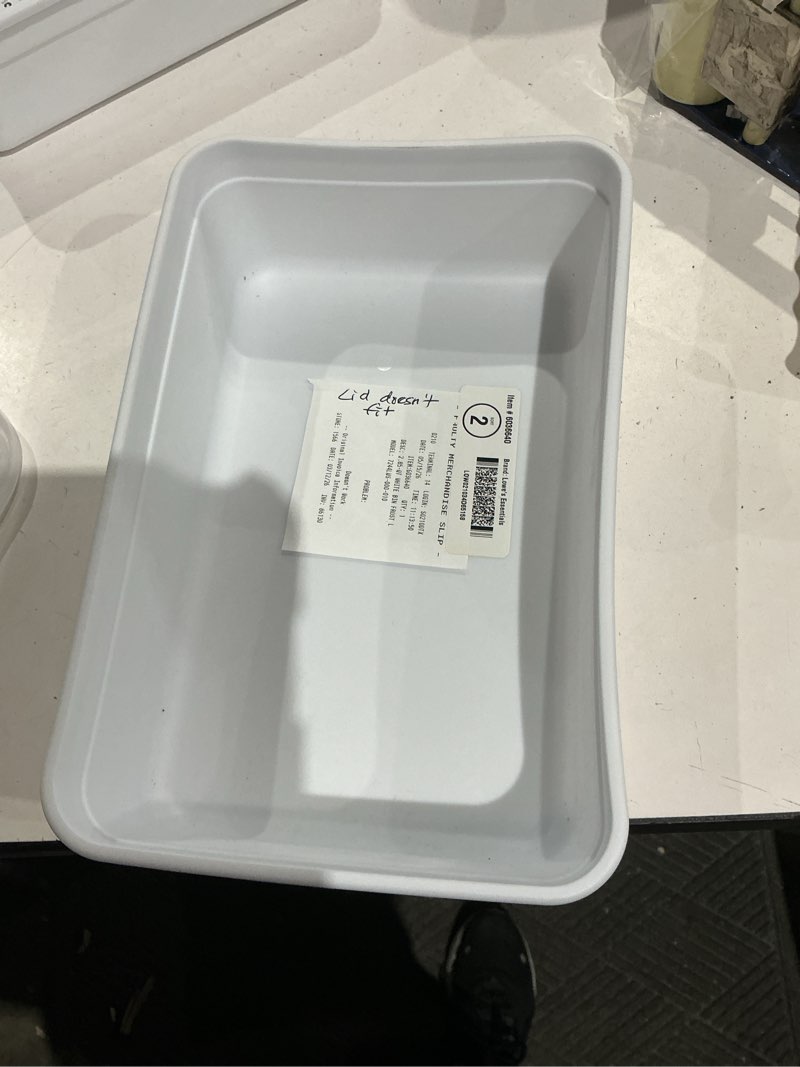 Condition photo showing As Is for lowe's essentials small 0.72 -gallons ( 2.85 -quarts ) white stackable tote with standard snap lid