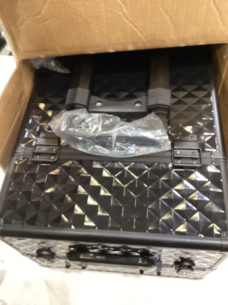 Condition photo showing Good Condition for topack rolling makeup train case,360°rotaing wheel aluminum cosmetic case with trolley 4-tray for tattoo/barber/nail tech travel cart organizer 13.1 * 9.8 * 18.3in black (black) all black medium