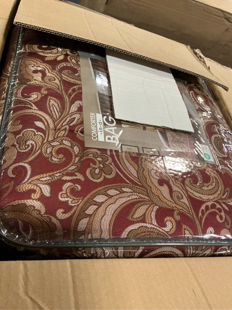 Condition photo showing Good Condition for madison park essentials brystol 24 piece room in a bag faux silk comforter jacquard paisley design matching curtains down alternative hypoallergenic all season bedding-set, queen (90 in x 90 in), red red queen (90 in x 90 in) paisley