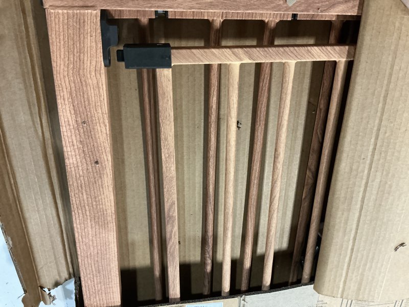 Condition photo showing As Is for babelio metal auto close baby gate pressguard p7, 29"-55" wide extra wide pet gate for the house and doorways, pressure mounted walk thru child gate with door, brown wood pattern