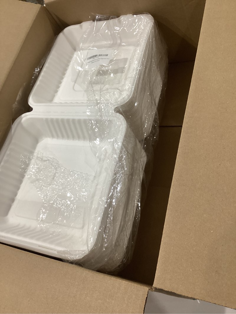 Condition photo showing Good Condition for clamshell take out food container 100 pack, 9 x 9 compostable to go containers, disposable to go food boxes, biodegradable made from white sugarcane fibers