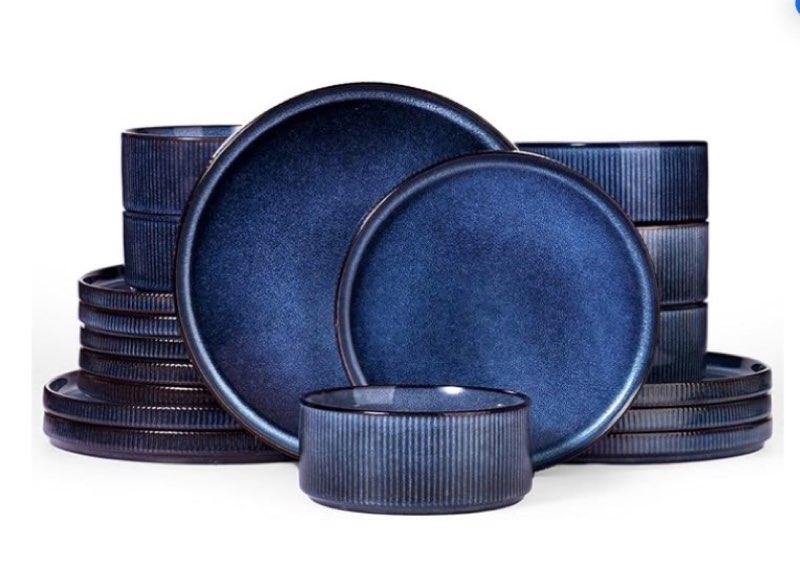  famiware star plates and bowls sets, modern stoneware dinnerware sets for 6, 18-piece kitchen dish set - chip and scratch resistant, microwave and dishwasher safe tableware, nebulas blue