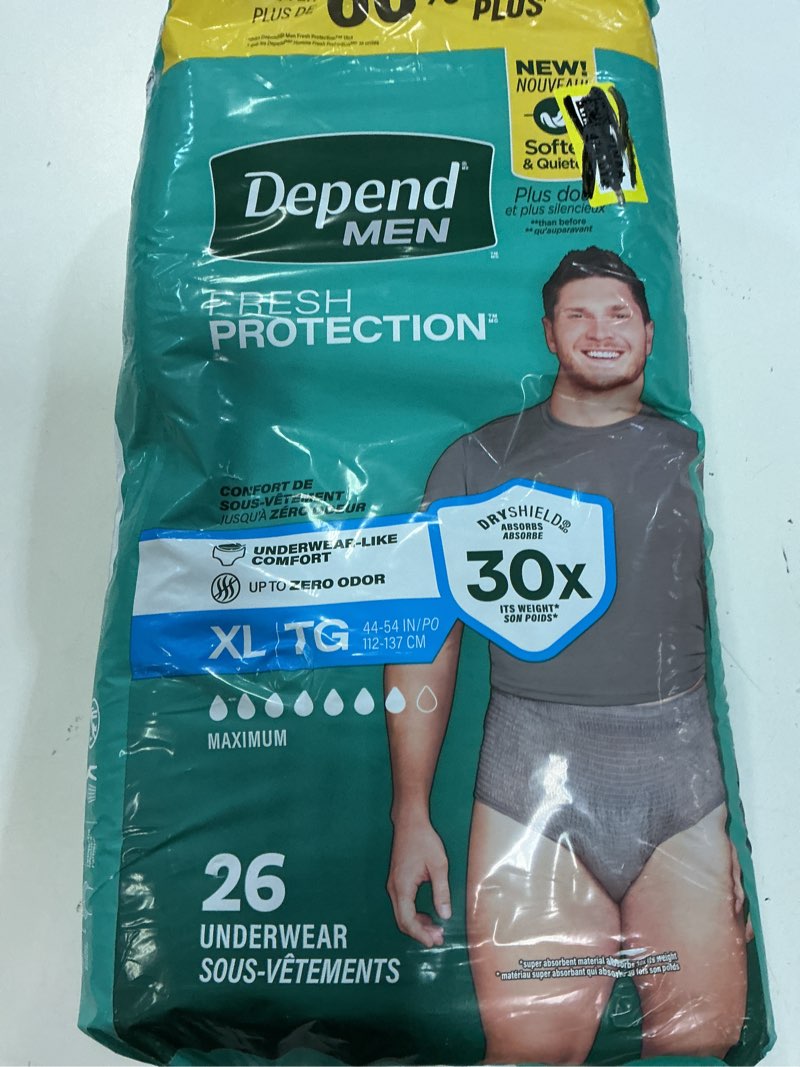 Condition photo showing New/Like New for depend fresh protection adult diapers, incontinence underwear for men, disposable, maximum, extra-large, grey, 26 count, packaging may vary x-large 26