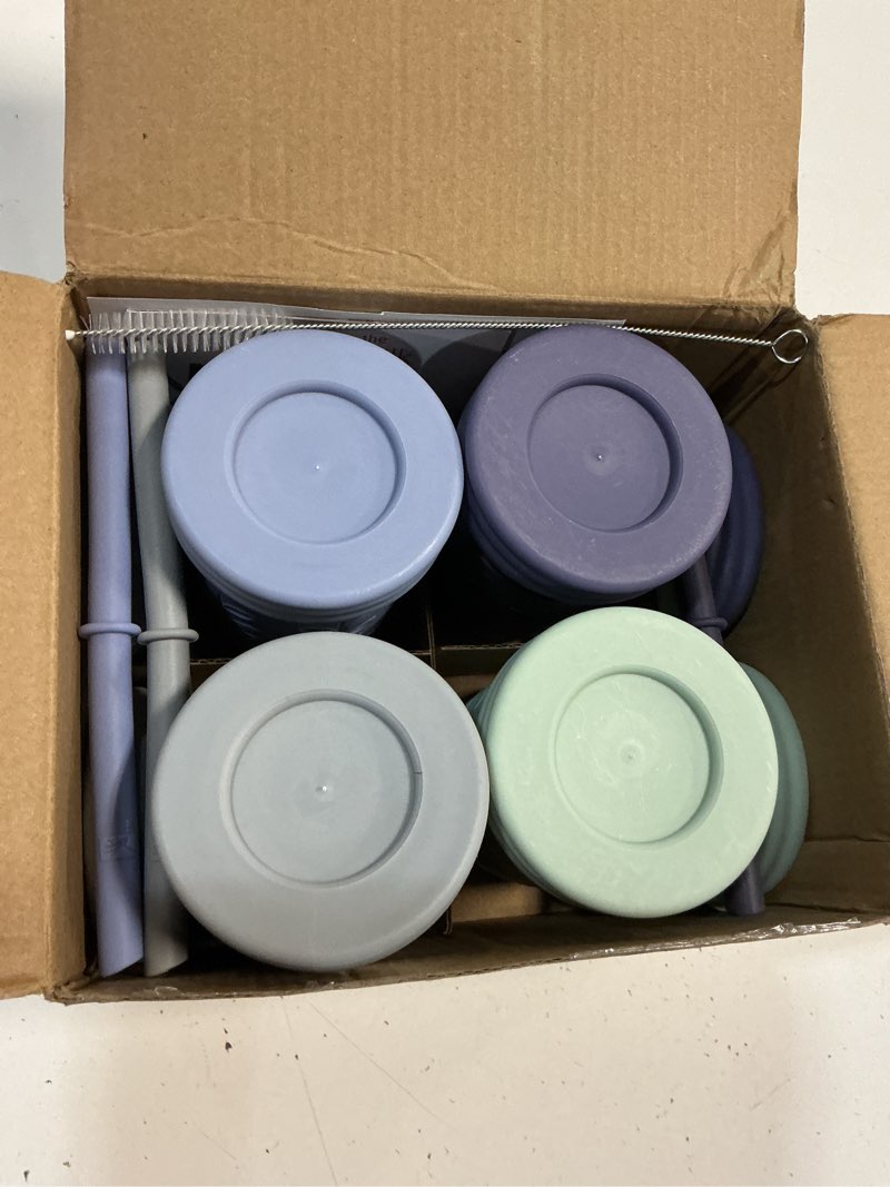 Condition photo showing Good Condition for elk and friends 10oz stainless steel kids + toddler drinking cups | the original mason jar with sleeves + lids | silicone straws | smoothies | storage jar | spill resistant | dishwasher safe | 4 pack sage/misty blue/grey/navy 10oz