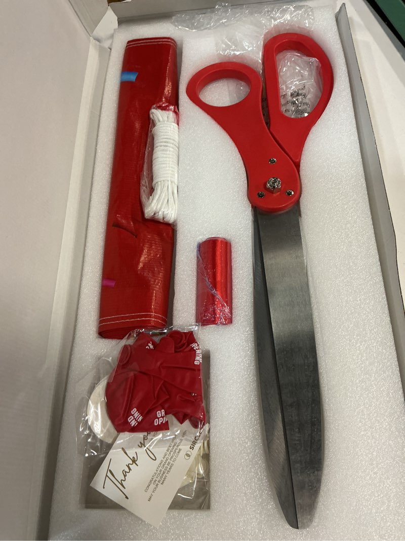 Condition photo showing Good Condition for sircles grand opening ribbon cutting ceremony kit - 25" giant scissors, 5yd of 4" wide ribbon, 10ft banner, 8 red & 8 white balloons, 19 ft banner rope, 2 rolls balloon ribbon - grand opening kit