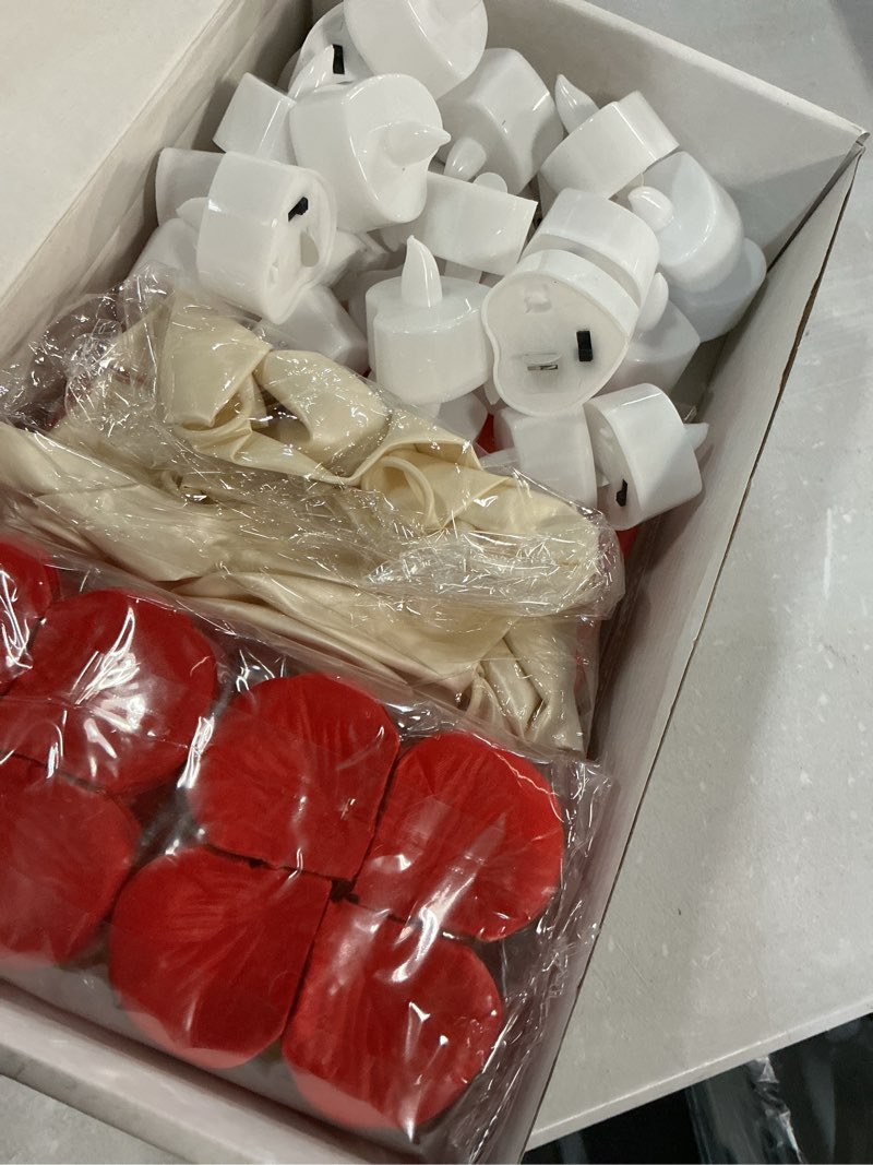 Condition photo showing Good Condition for happy birthday decorations, include light up letters, with tea lights candles, latex balloons, aluminum balloons and rose petals, special festival, surprise gifts banner for women and men happy brithday