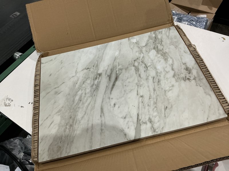 Condition photo showing As Is for magnetic dry erase board - 24'' x 18'' decorative magnetic board for wall - white board - magnet board display board - white marble white marble 24"w x 18"h