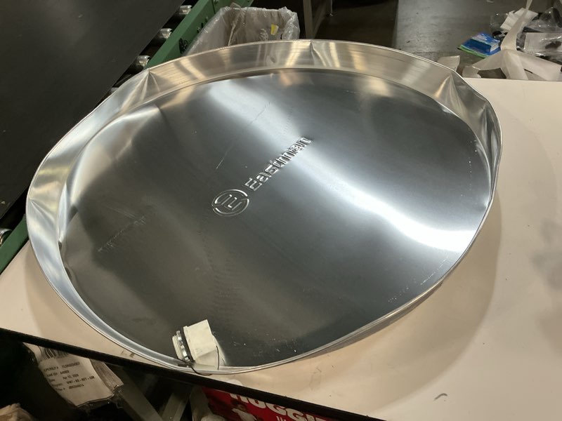 Condition photo showing As Is for eastman aluminum water heater drain pan with pvc fittings, 30 inch id x 32 inch od compression, 60094 30" x 32"