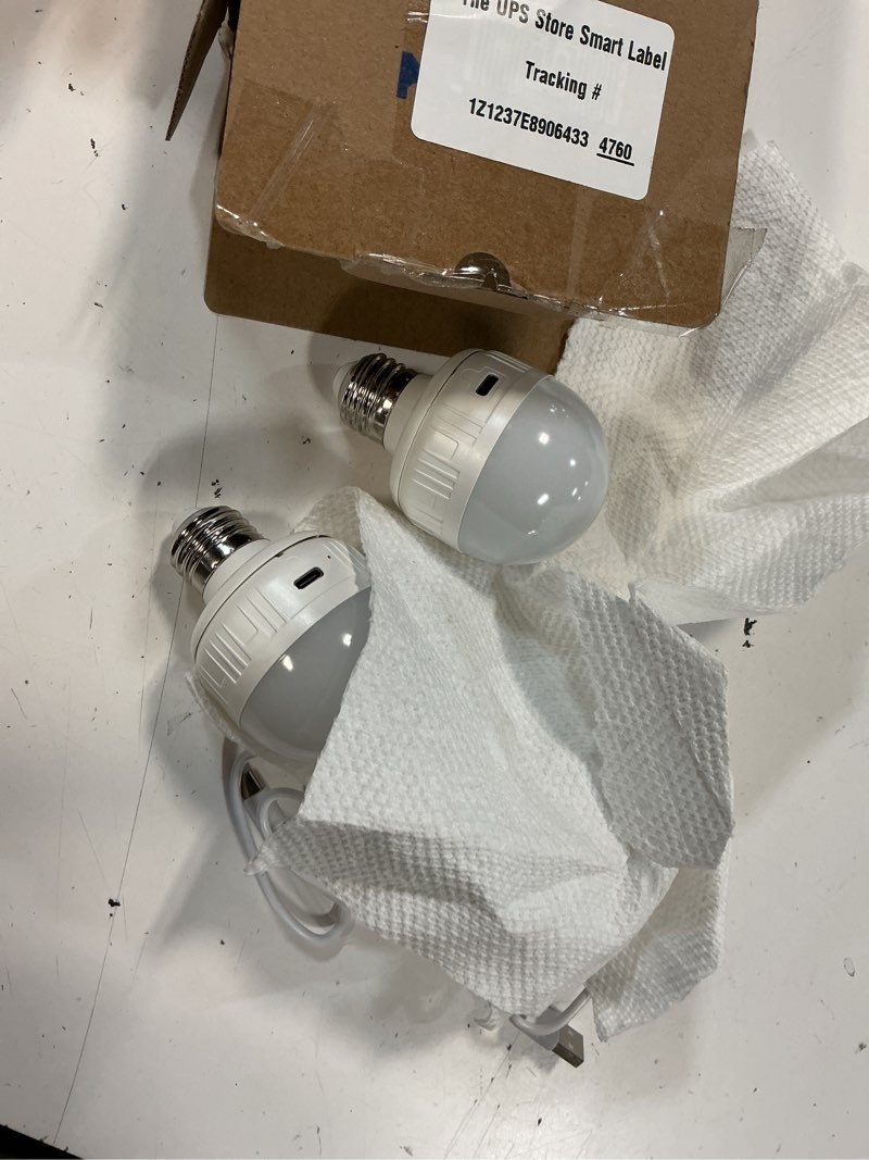 Condition photo showing As Is for scopow 2packs e26 rechargeable light bulbs with remote control, 5w 350lm magnetically battery operated light bulbs 2000mah, 3 color temperature, timer, dimmer for non-hardwired lamp 5w+e26+3colors+2pc