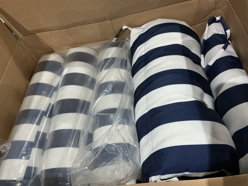 Condition photo showing As Is for (similar to not exact )outdoor high back chair cushions 2-pack, 44\"x22\"x 4\" fade-resistant waterproof tufted pads with ties for patio rocking & adirondack chairs (navy blue white)