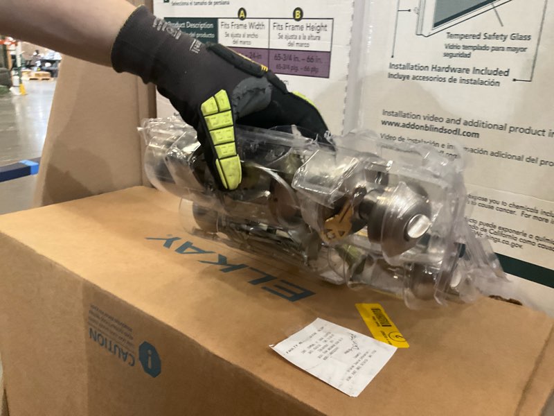 Condition photo showing As Is for kwikset cove satin nickel exterior single-cylinder deadbolt and keyed entry doorknobs