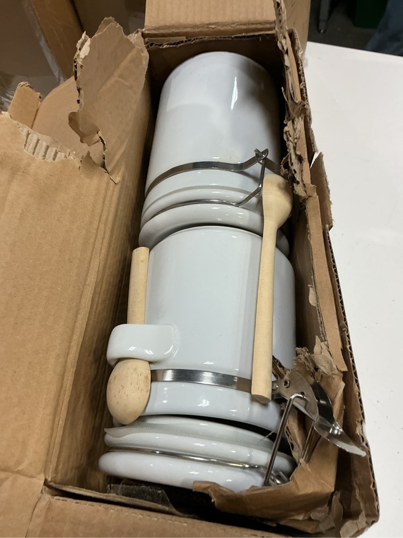 Condition photo showing Good Condition for canister sets for the kitchen (4 piece set) white, high gloss ceramic | by home basics | decorative| with wooden spoons, countertop set for flour, sugar, coffee, and snacks