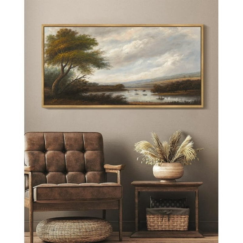 Drsoum Large 24x36in Natural Framed Mountain Coastal Lake Ship Vintage Wall Art Prints Classic Retro Farmhouse Landscape Rustic Decorations for Living Room Bedroom