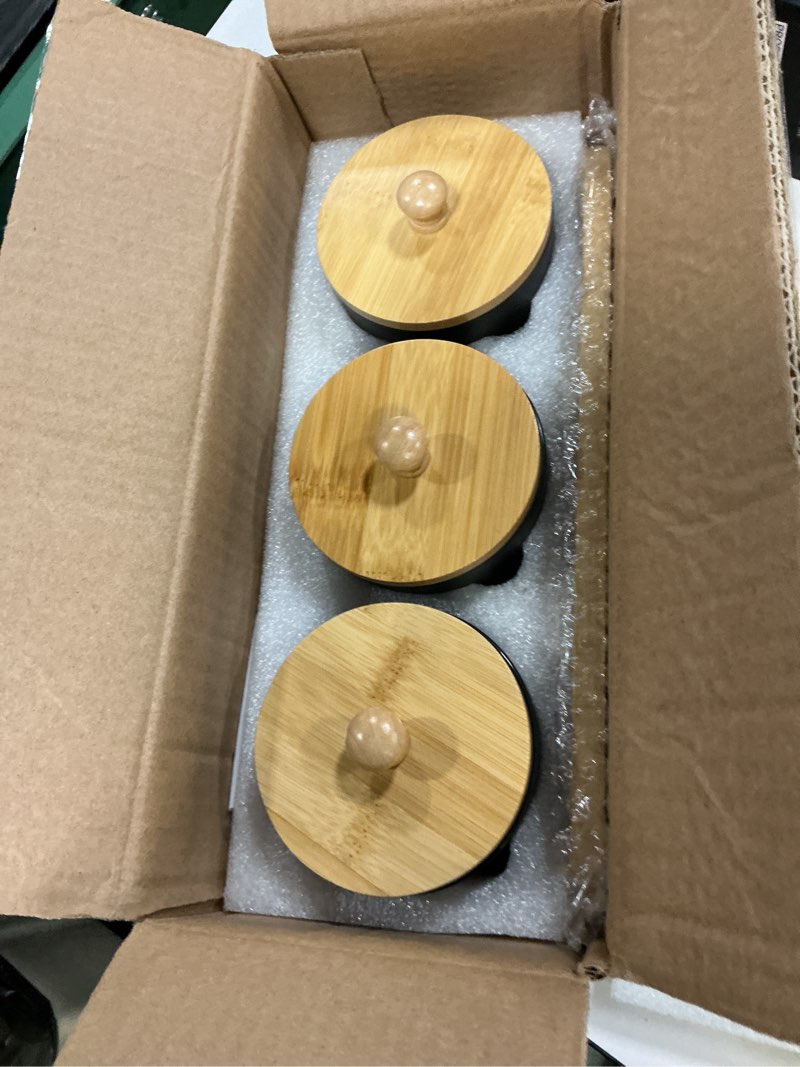 Condition photo showing New/Like New for 3 Pack Qtip Holder - Bathroom Organizers and Storage, Cotton Round Pad Dispenser Floss Pick Holder with Tray, Glass Apothecary Jars with Lids, Cotton Ball Container - Black Black color-3 Pack with tray