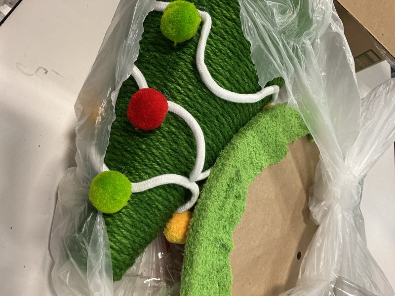 Condition photo showing As Is for Christmas Tree Cat Scratching Post, Comes with A Christmas Cat Collar, Natural Sisal Rope Cat Tower to Satisfy Cats’ Claw Instincts, Christmas Decor Sisal Rope Cat Toys for Kitty and Adult Cats green