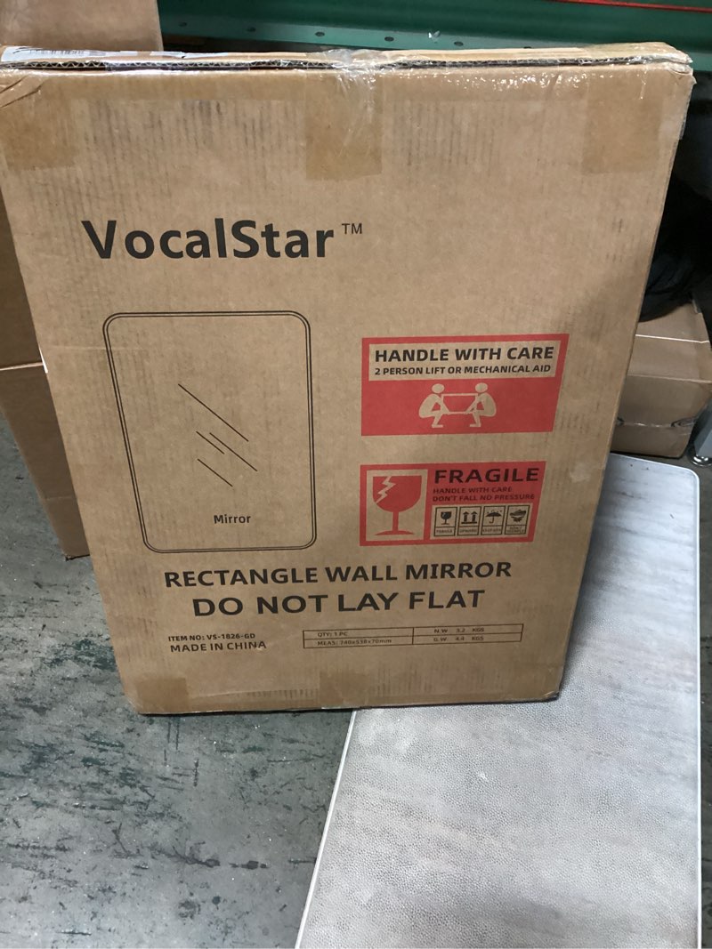 Condition photo showing New/Like New for VocalStar 18 x 26 Inch Gold Bathroom Mirror for Wall, Metal Framed Rounded Rectangle Vanity Mirror, 1/4-inch Shatterproof Glass | Ultra-Flush Hanging